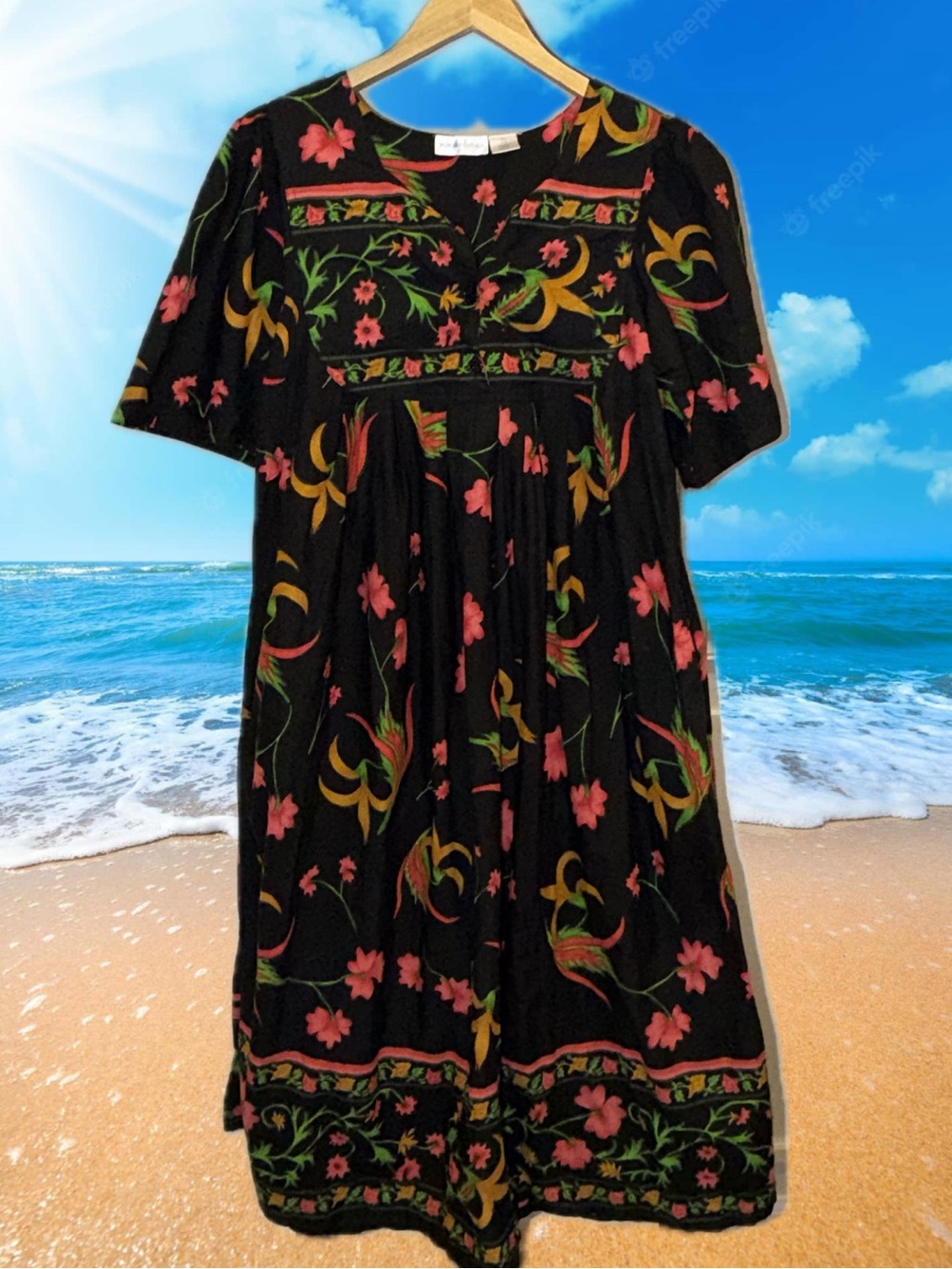 Vintage Black Floral Embroidered Women’s Dress